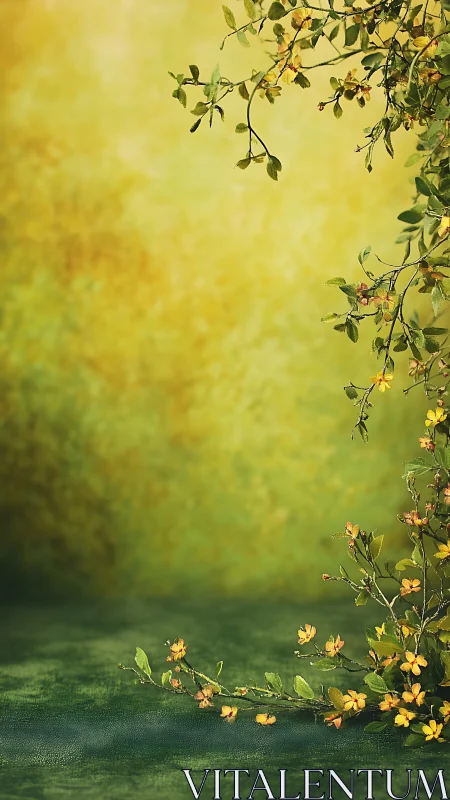 Golden blossoms frame a softly blurred green meadow background.