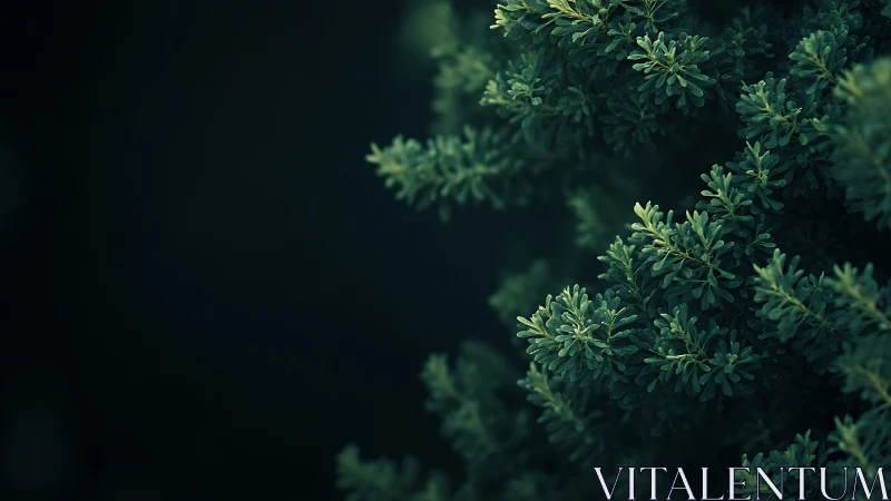 Dense evergreen foliage fills right side against dark void