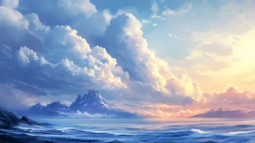 Sunlit cumulonimbus crowns distant coastal mountains at dawn