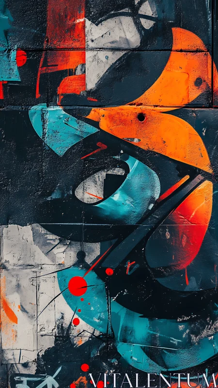 Abstract geometric graffiti on textured urban wall surface.