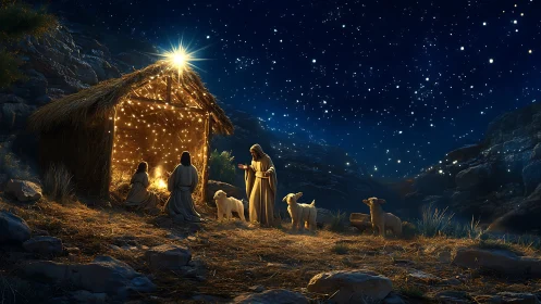 Nativity scene at night with illuminated manger and star.