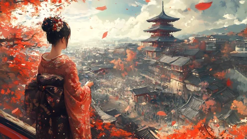 Kimono-clad woman overlooking autumn festival cityscape.