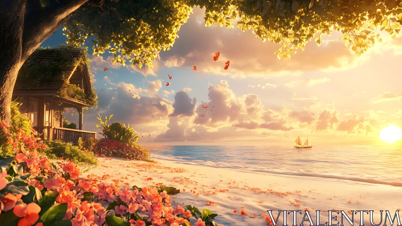 Beachside Villa Sunset with Floating Petals.