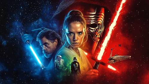 Bilateral sci fi character montage contrasts blue and red saber light