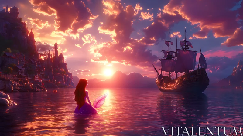 Mermaid watches a glowing galleon drift beneath a radiant sunset
