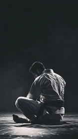 Martial artist kneels in spotlight on dark training mat.