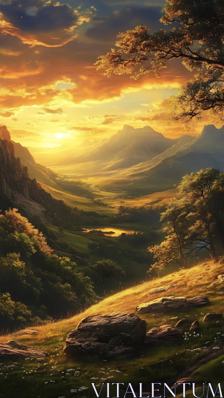 Sunlit mountain valley with layered hills and distant lake.