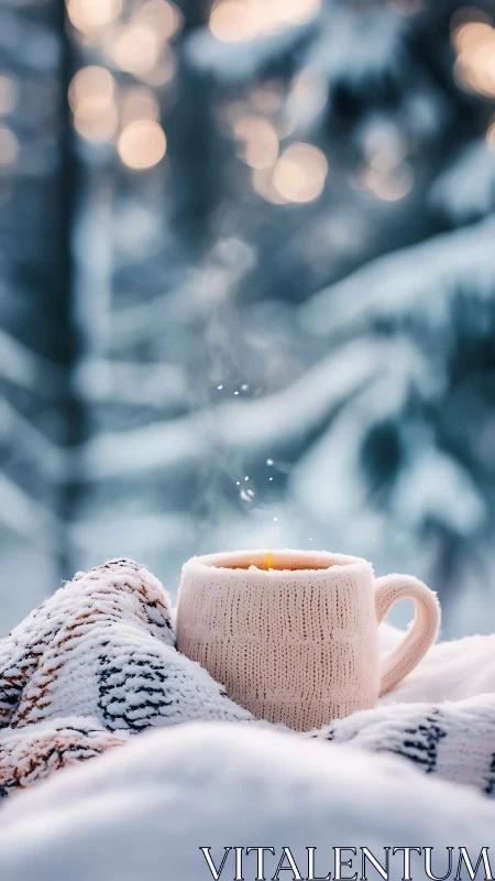 Cozy knit mug glows against dreamy snow-draped forest hush.