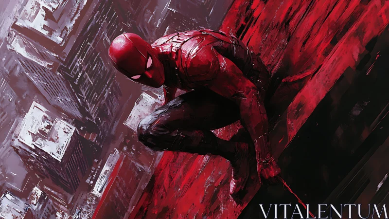 Masked red-suited figure crouches against stylized cityscape