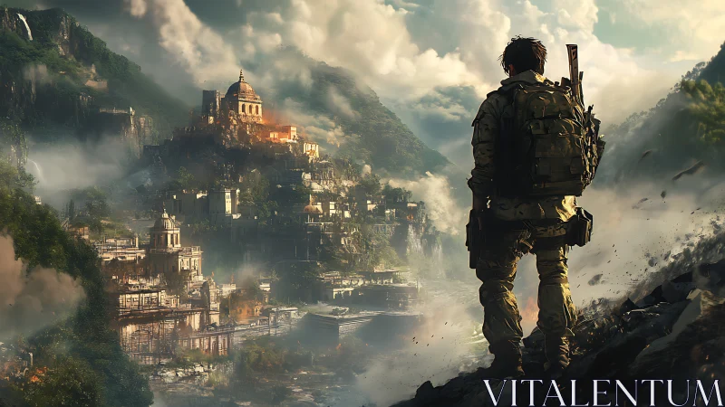 Lone soldier surveying misty ruined mountain citadel at dawn.