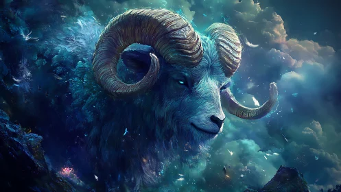 Celestial ram deity rendered in luminous cosmic nebula.