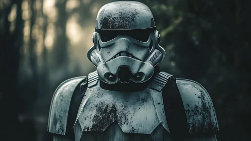 Weathered sci fi armored soldier portrait in misty forest