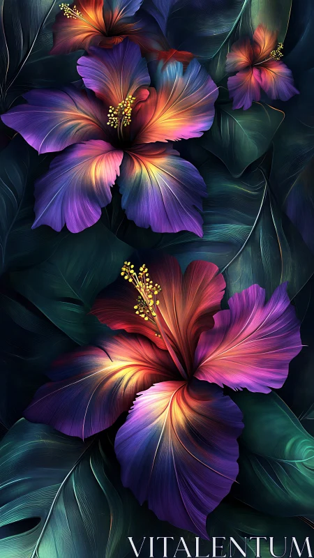 Image shows digitally rendered hibiscus flowers on dark foliage