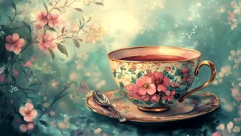 Morning tea in a dreamy floral cup and glowing garden light.