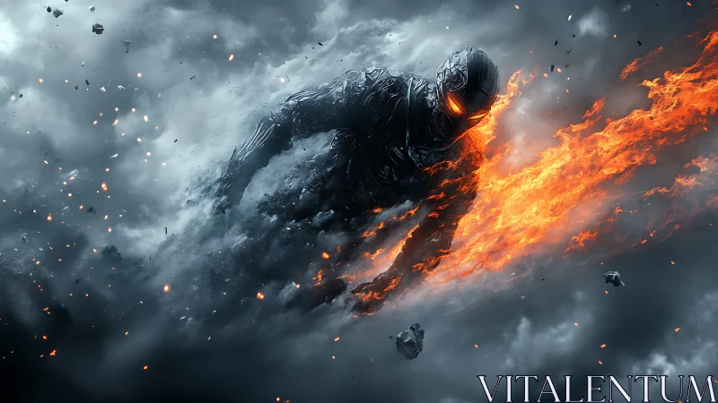 Molten cyber warrior erupting through storm clouds in fire.