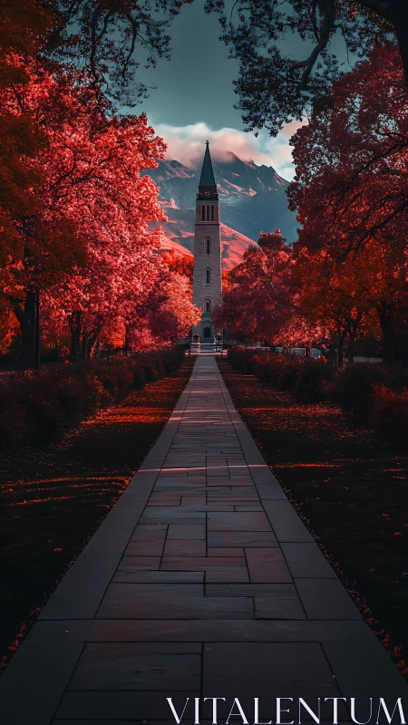 Tower rises through crimson autumn park beneath distant peaks