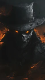 Smoldering shadow rider with ember eyes and wicked grin.