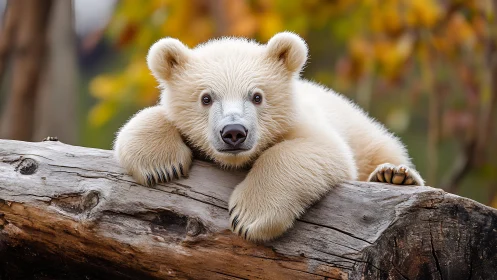 Curious polar bear cub resting sweetly on a weathered log.