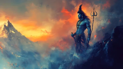 Storm‑crowned ascetic watches firelit peaks in silence.