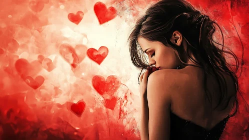 Daydreaming Hearts: Woman Contemplates Love Amongst Crimson Splendor