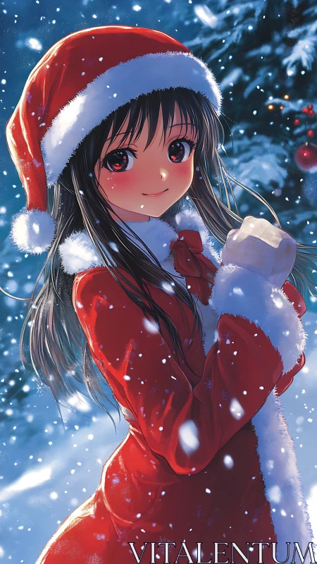 Snowfall portrait of anime girl in red Santa coat and hat