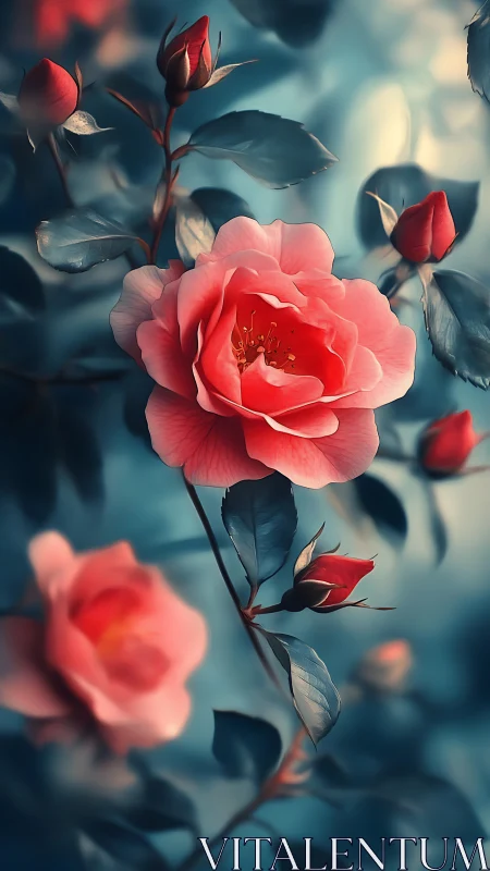 Coral roses with buds in atmospheric blue environment.