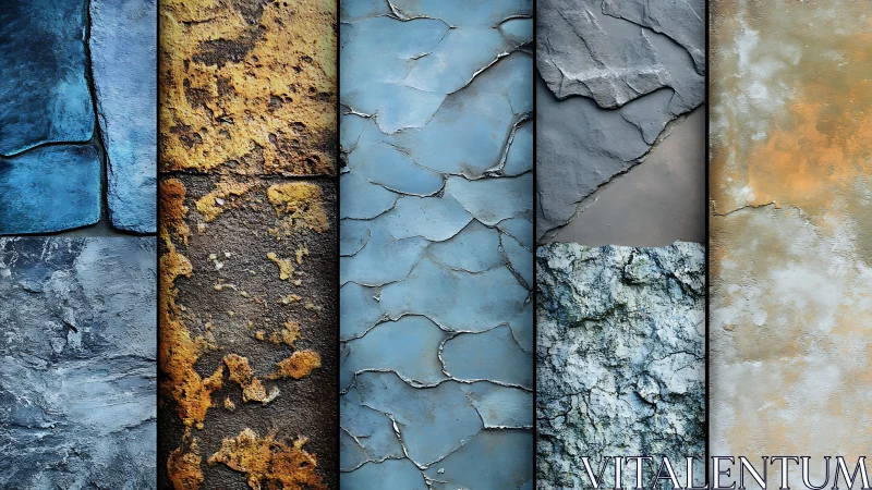 Weathered stone textures align in cool layered abstract panel