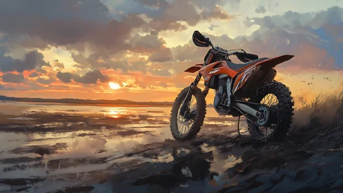 Enduro dirt bike cuts through reflective tidal flats sunset