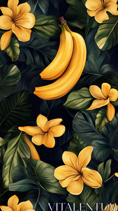 Bananas with yellow plumeria on deep jungle foliage pattern.