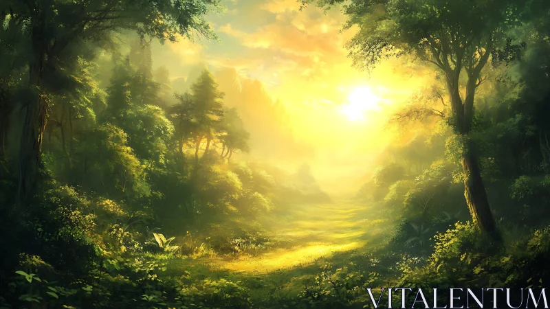 Golden Woodland Gateway: Sunlit Passage Through Ancient Forest Mist.