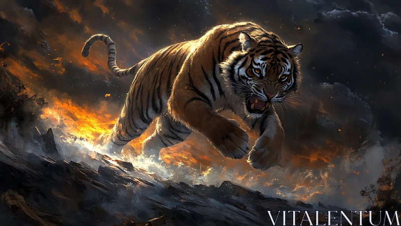 Ferocious tiger leaping through fire and stormy smoke.