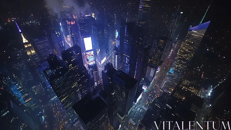 Midnight high-rise canyons under electric neon haze glow.