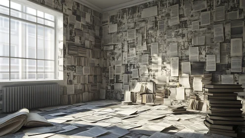 Photorealistic study of paper-saturated archival reading room.