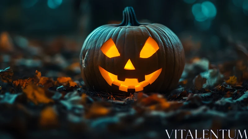 Glowing jack-o-lantern illuminates shallow-depth forest floor scene