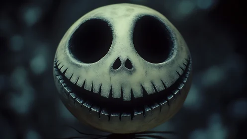 Grinning skull head with hollow eyes in dark blue scene.