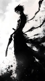 Monochrome swordsman stands in profile amid abstract splashes