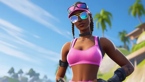 Stylized athletic gamer avatar in neon pink beachwear stance