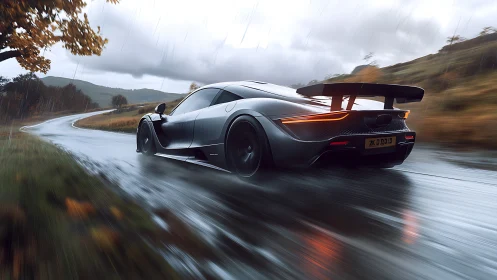 Sport coupe moves along wet rural road under rainfall