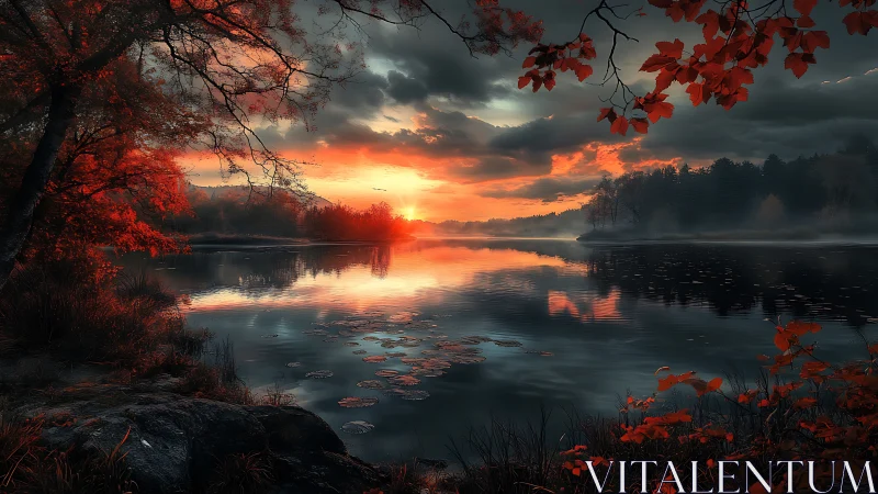 Sunset light intersects reflective forest lake surface