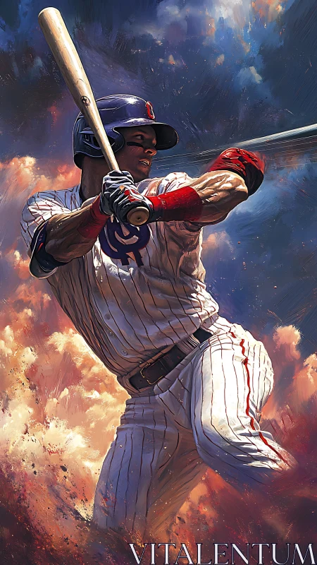 Powerful baseball swing framed in swirling painted sky.