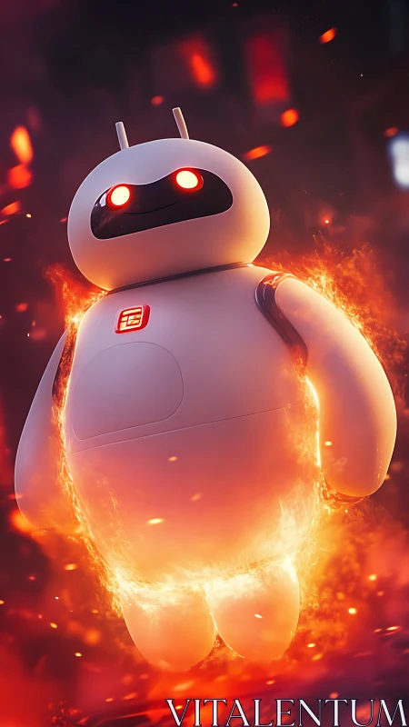 Floating white robot ignites with cinematic ring of fire glow