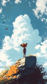 Masked child stands alone on sunlit cliff under vast sky