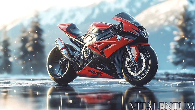 Gleaming red superbike rests boldly on a frosty mountain road