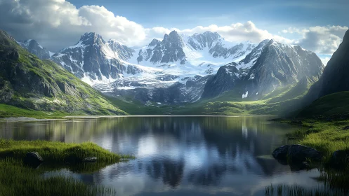 Snowcrowned guardians mirror over a hush-bright valley lake.