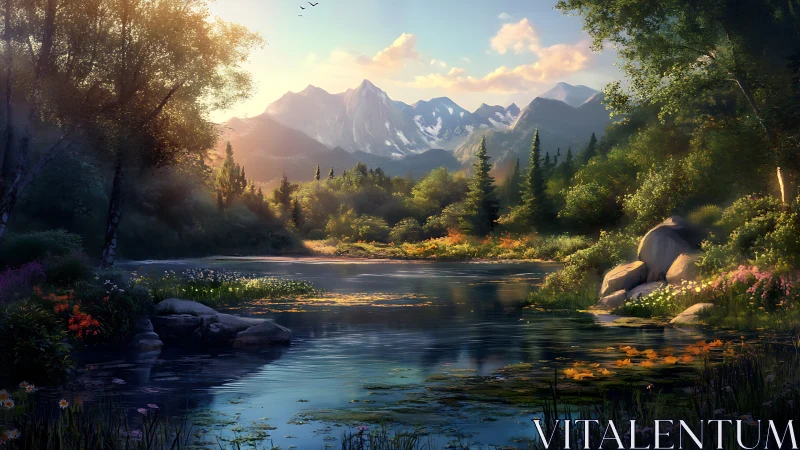 Sunlit mountain lake cradled by wildflower forests at dawn.