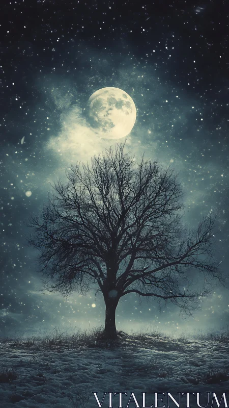 Lone winter tree stands beneath a luminous full moon.