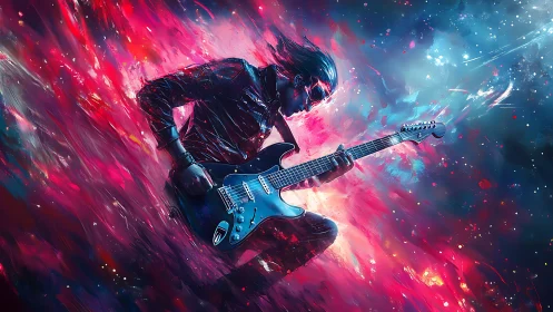 Cosmic guitarist immersed in neon spectral energy field.