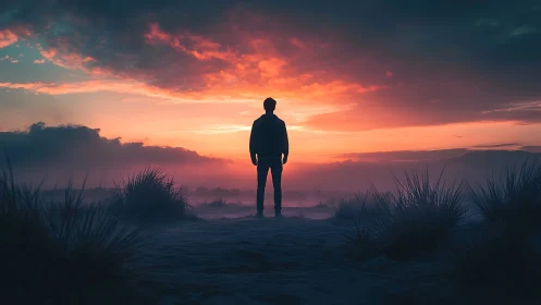 Silhouetted figure faces blazing coastal sunset horizon