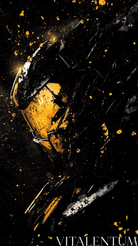 Bold golden sci fi warrior emerging from splattered shadows.