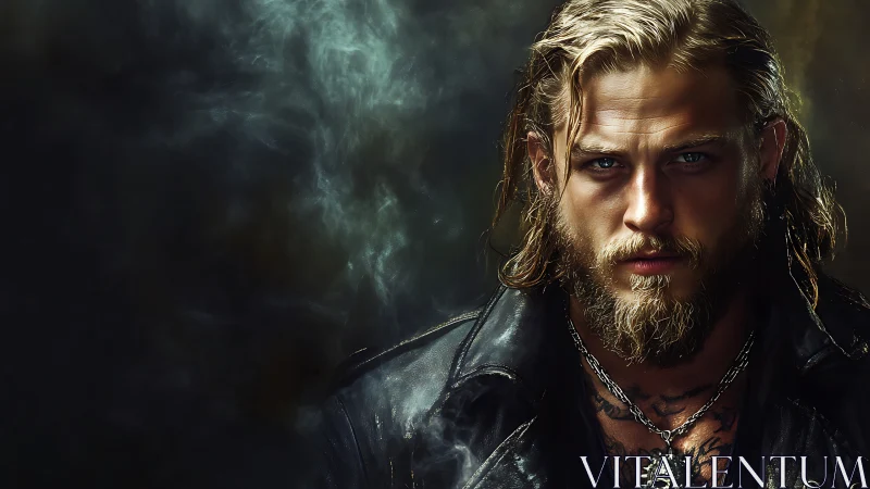 Brooding bearded warrior in leather amid swirling smoke.
